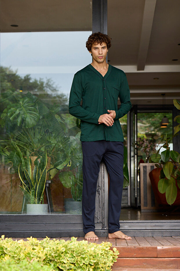 100% Cotton 4 Seasons Fabric Front Buttoned Plus Size Men's Pajama Set