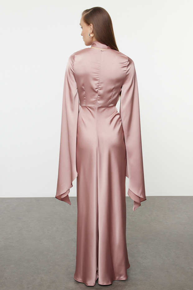 Szatén szőtt púderrózsa estélyi ruha kiegészítőkkel Tctss24Db00066 - 5