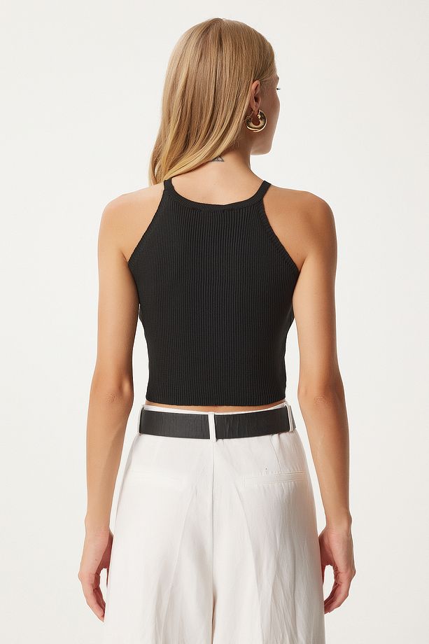 Kadın Siyah Halter Yaka Crop Triko Bluz  FN03341 - 4