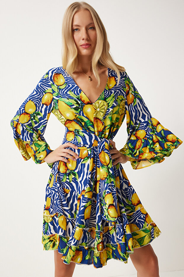 Navy Blue White Patterned Viscose Summer Dress - Fn03200