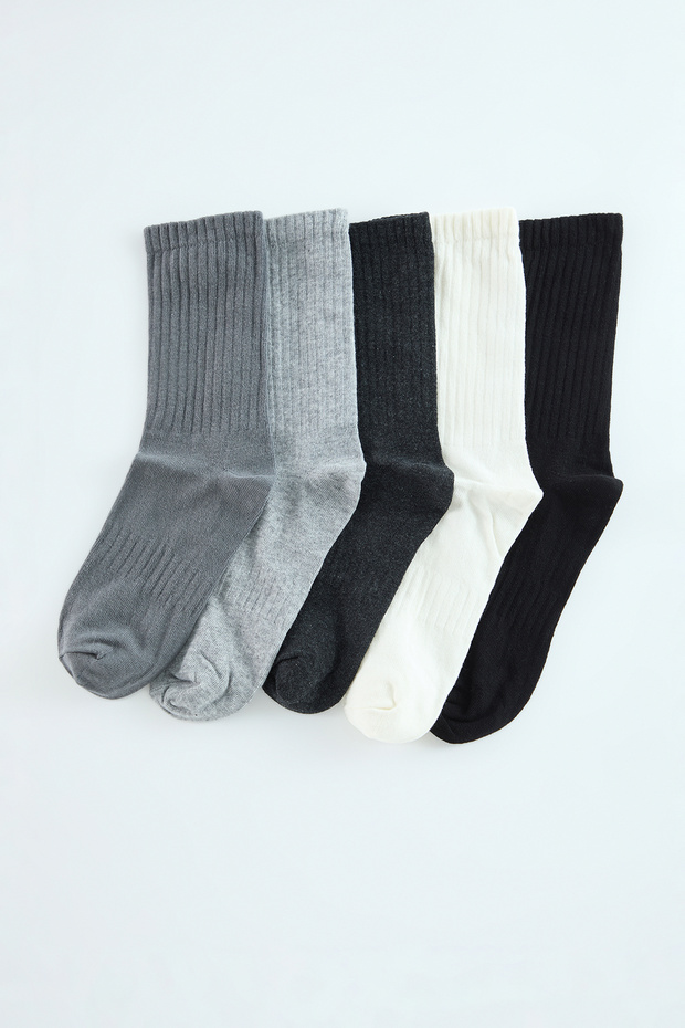 Gri Unisex 5'li Paket Pamuklu Dokulu Kolej/Orta Boy Çorap TMNAW25CO00011 - 1