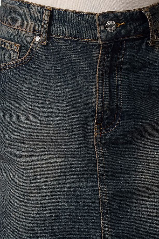 Mavi Soluk Efekt Vintage Yüksek Bel Mini Denim Etek TWOAW25ET00087 - 3