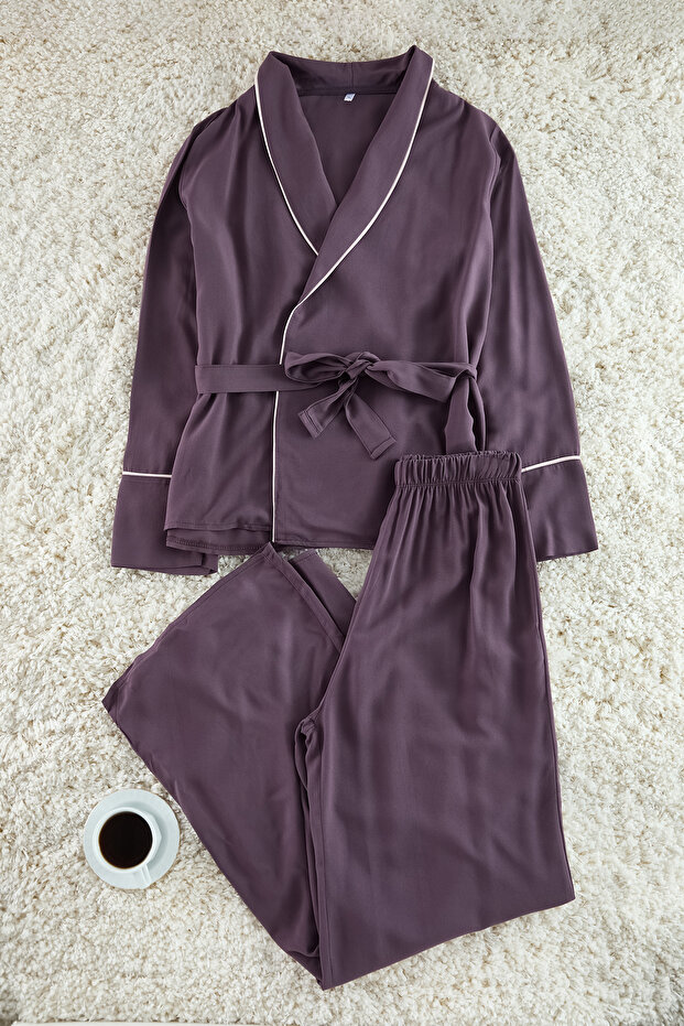 Mürdüm Kuşaklı Biye Detaylı Kruvaze Viskon Dokuma Pijama Takımı THMAW22PT1109 - 6