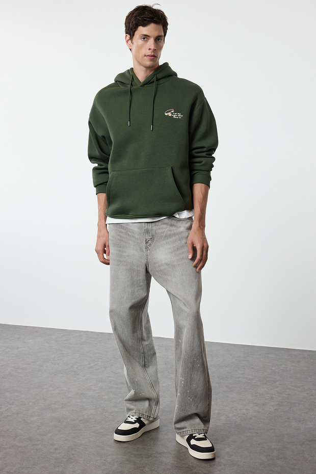 Haki Oversize/Geniş Kesim Nakışlı İçi Polarlı Kapüşonlu Sweatshirt TMNAW25SW00016 - 2