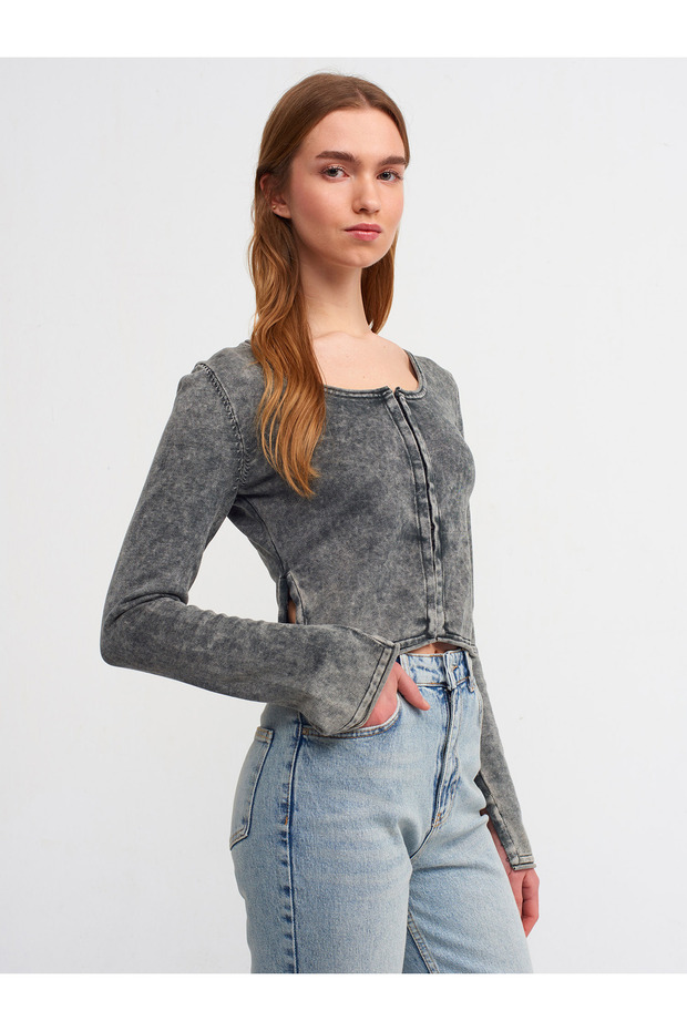 60214 Pale Effect Agraphed Crop Knitwear Cardigan-Anthracite