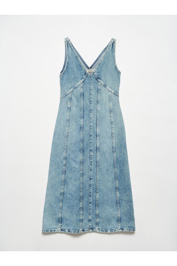 90519 Önü Ve Arkası Açık Uzun Denim Elbise-Tint - 1