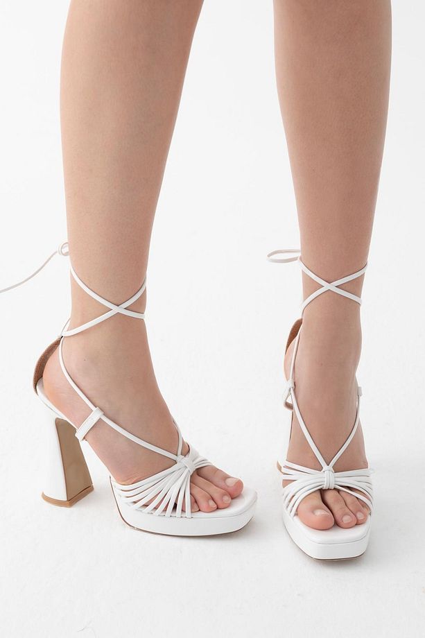 Rosally Açık Kare Burun 12cm Kalın Platform Topuk Örme Detay Bağcıklı Sandalet Topuklu Ayakkabı - 6