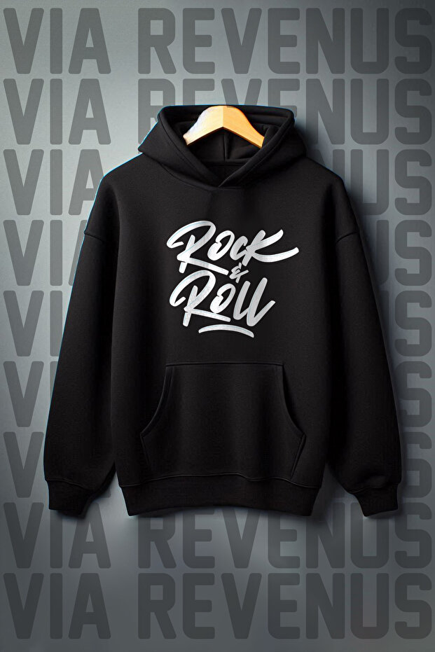 Rock N Roll Printed - 3 Thread Kangaroo Pocket, Wide Fit Hooded Sweatshirt