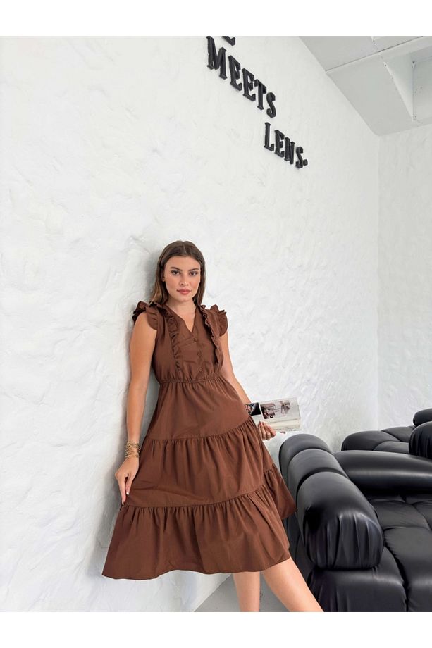 Kahve Fırfırlı Elbise - 4