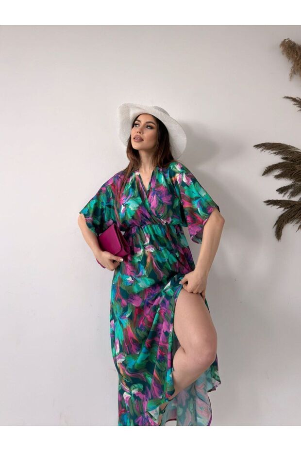 Asur Boutique - Colorful Flower Patterned Viscose Slit Women's Dress