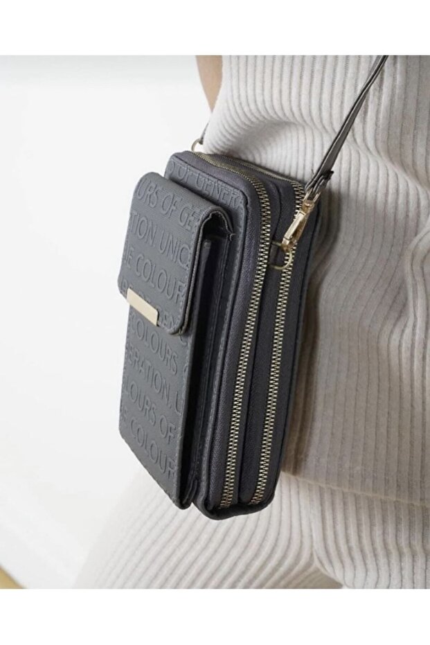 Black Leather Strap Bag with Card Holder, Magnetic Front Cover Pocket, Fits All Phone Models