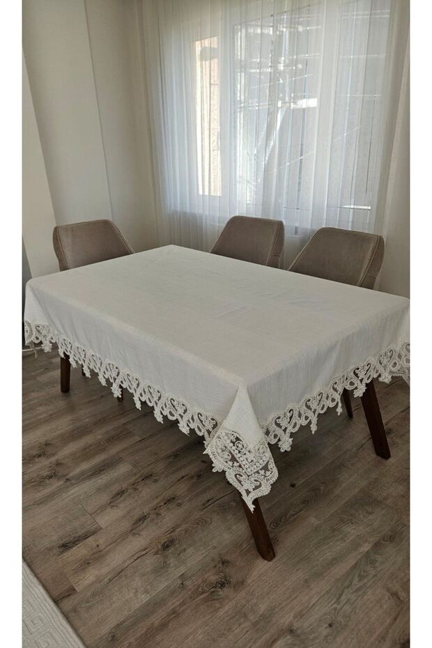 Gardenya Linen Seamless Heart Patterned Heavy Guipure Cream Tablecloth-160X160...160X500