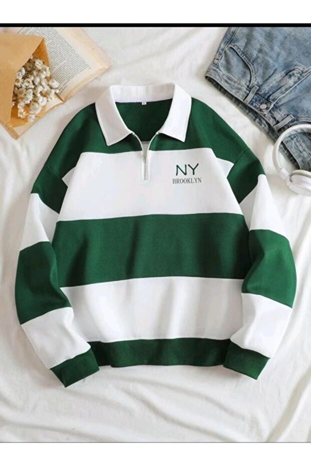 Brooklyn Printed Green Polo Collar Sweatshirt - Half Zipper, Fleece Inside Winter