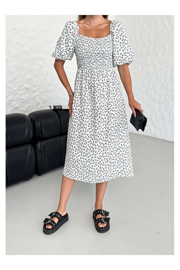 Siyah Çıtır Çiçekli Gipeli Elbise - 4