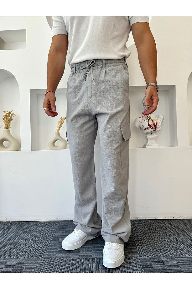 Gri Gofre Kumaş Baggy Kargo Pantolon - 5