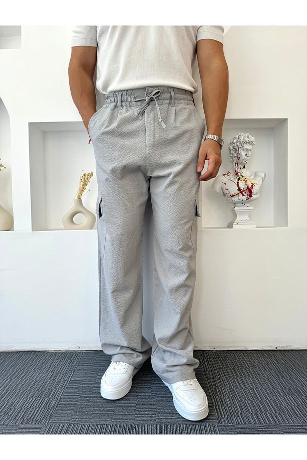 Gri Gofre Kumaş Baggy Kargo Pantolon - 2