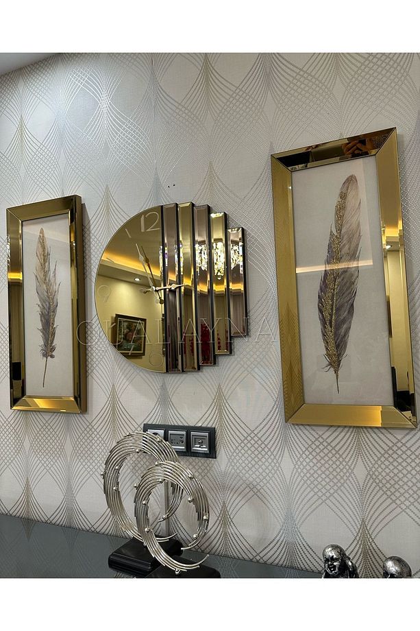 3’lü Gold Renk Ritmik Saat ve Tüy Tablo Seti - 1