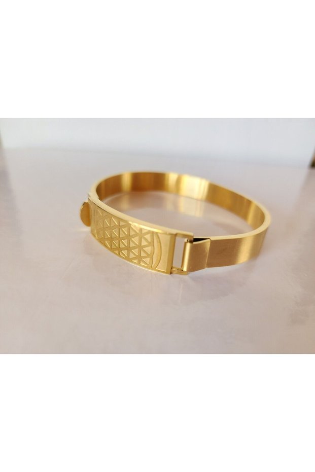 Steel bracelet with Flower of Life symbol and abundance number sequence.