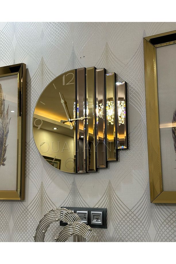 3’lü Gold Renk Ritmik Saat ve Tüy Tablo Seti - 6