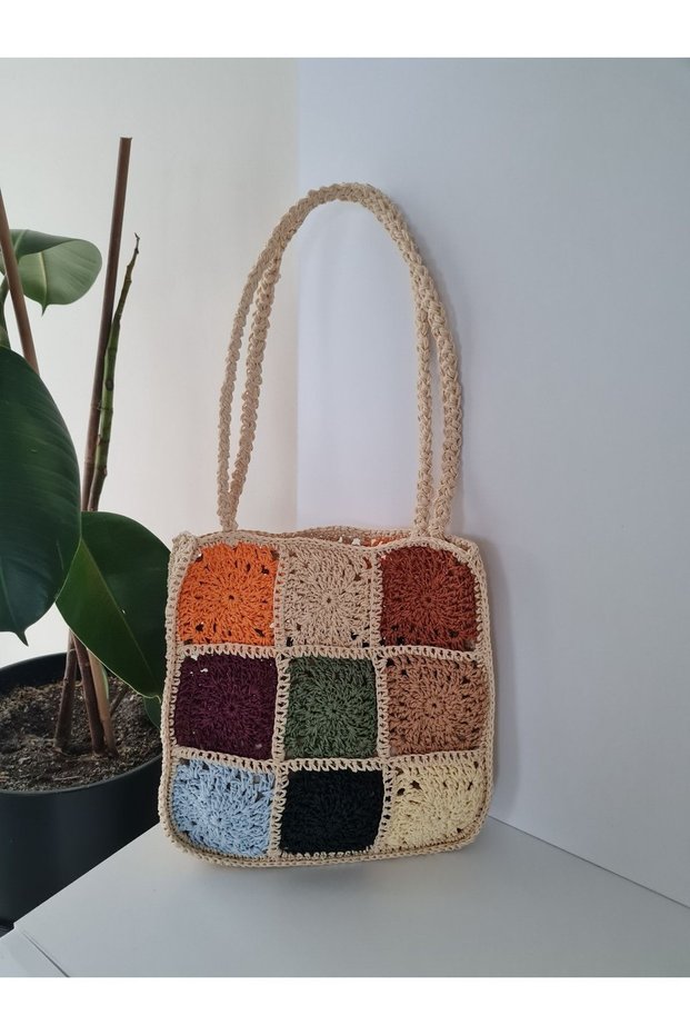 Straw Colored Motif Handbag Hand Knitted