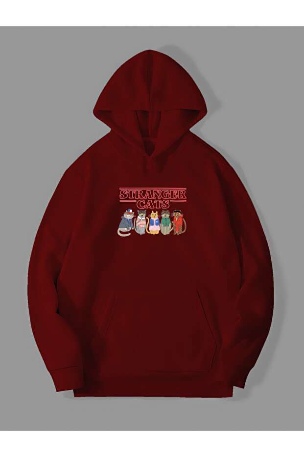 Three Thread Strangers Cats Printed Unisex Red Kangaroo Pocket Hooded Sweatshirt Hoodie