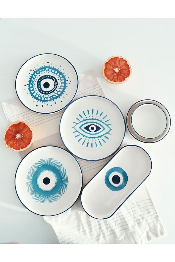 14 Parça 6 Kişilik Stackable Evil Eyes Handmade Kahvaltı Seti. Lüx Kahvaltılık Takımı - 6