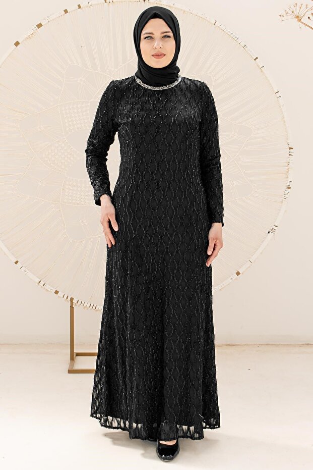 Silvery Evening Dress with Stone Embroidery Detail Black Tbs2232