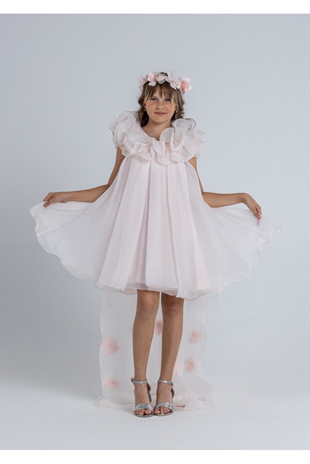 Flower Detailed Girl's Evening Dress with Tail