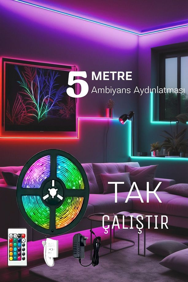 Rgb Şerit Led 5 Metre Yapışkanlı Ve Su Geçirmez - Hemen Kullanıma Hazır - Kumanda Ve Adaptör Dahil - 1