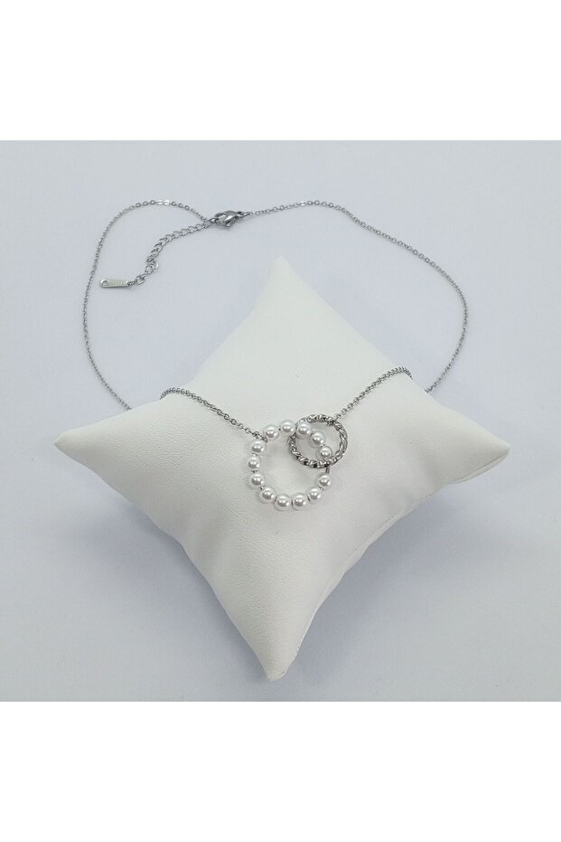 Çelik Silver İç İçe İnci Halka Kolye - 1