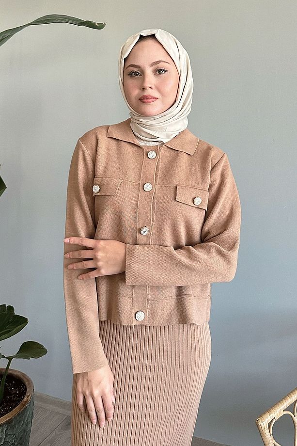 Ceketli Elbiseli Camel Triko Takım - 5