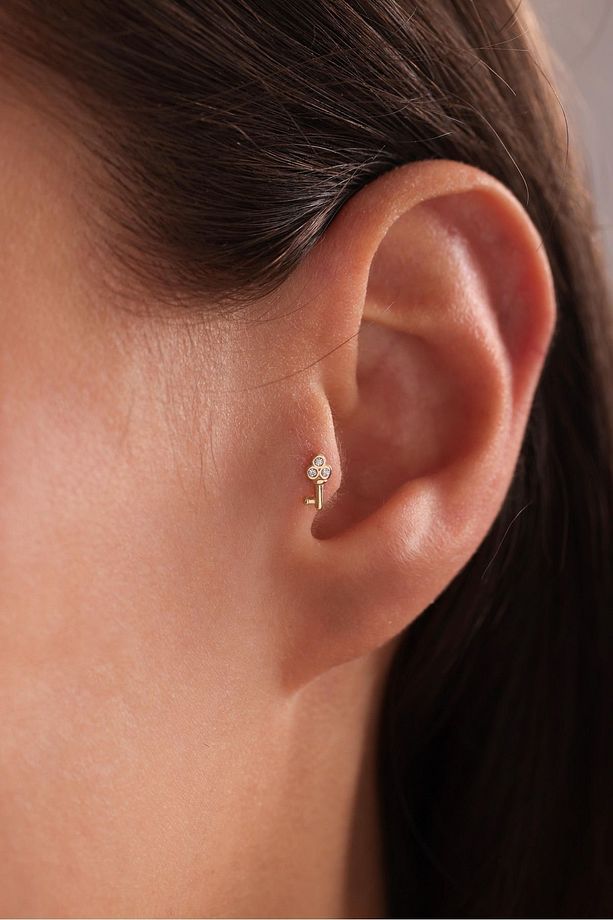14 Ayar Altın Taşlı Anahtar Tragus Küpe - 1