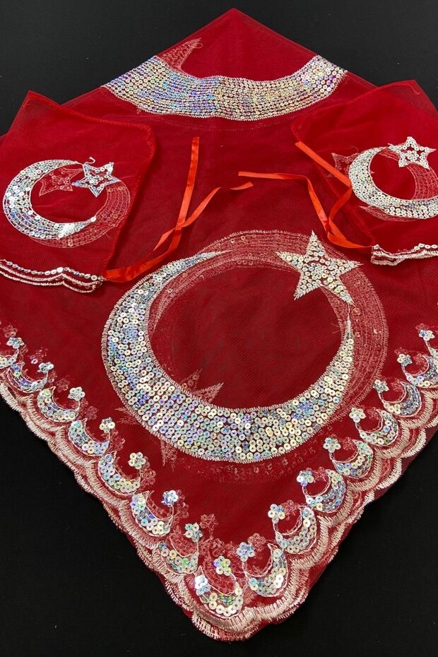 Red Groom Groomsmen Henna Night Soldier Shoulder Cover Shawl with Gloves and Sequined Crescent and Star Motif