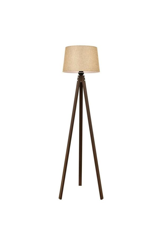 3 Ayaklı Lambader Tripod Ayak Üç Ayaklı Ahşap Abajur Konik Kumaş Başlık Tütün Kahverengi Ayak 7020 - 1