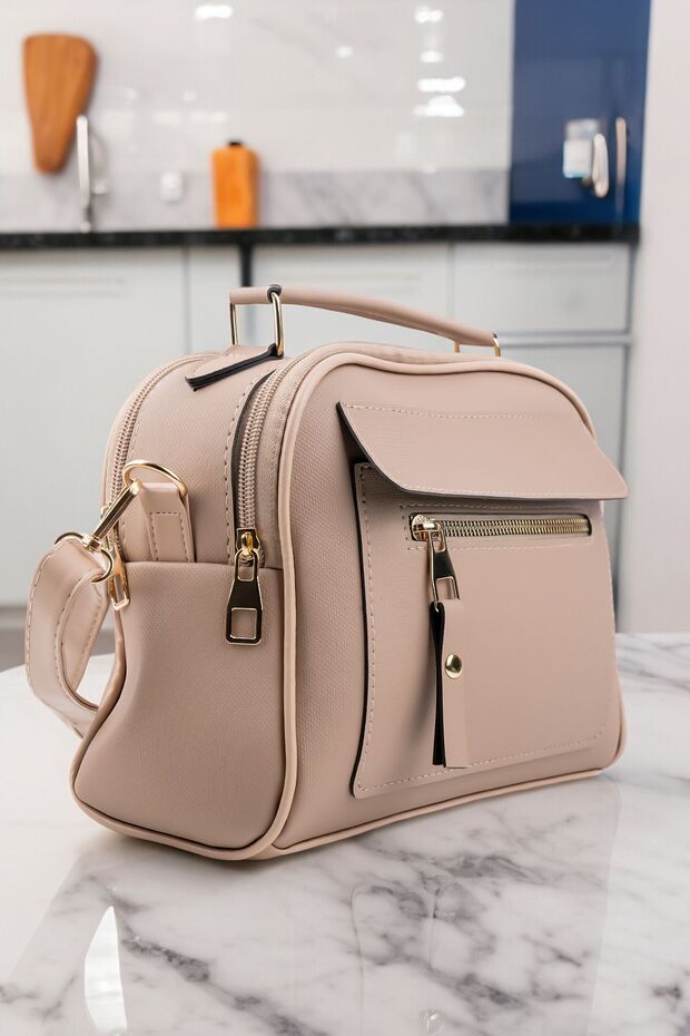 Women's Taupe Lacost Leather 3-Compartment Adjustable Shoulder Strap Hand and Shoulder Bag
