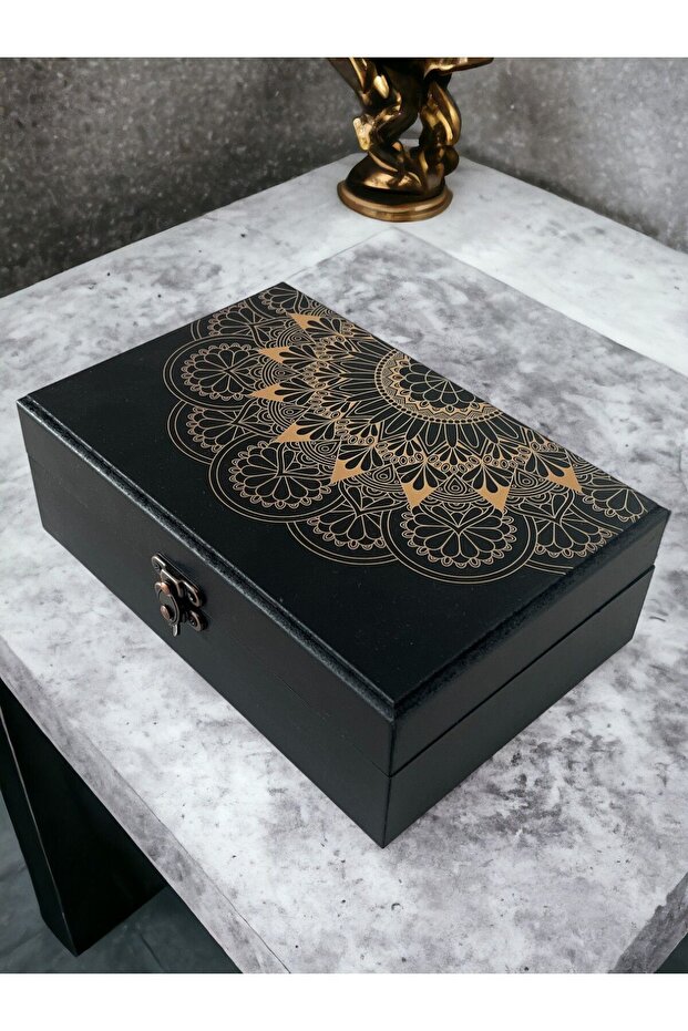 Wooden Patterned Black Jewelry Box / Wooden Organizer / 16X24 cm