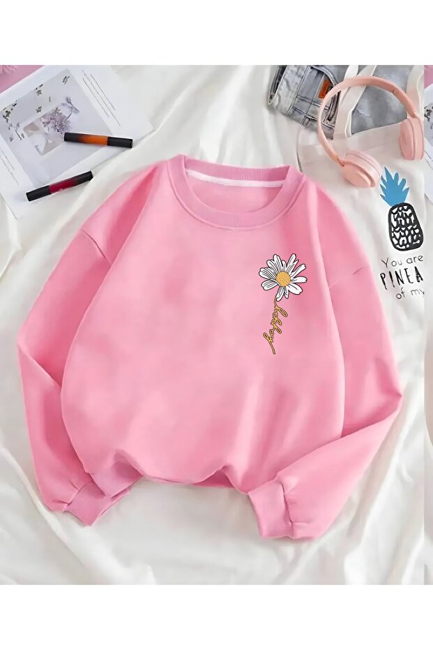 Happy Daisy Printed Pink Crew Neck Oversize Sweatshirt