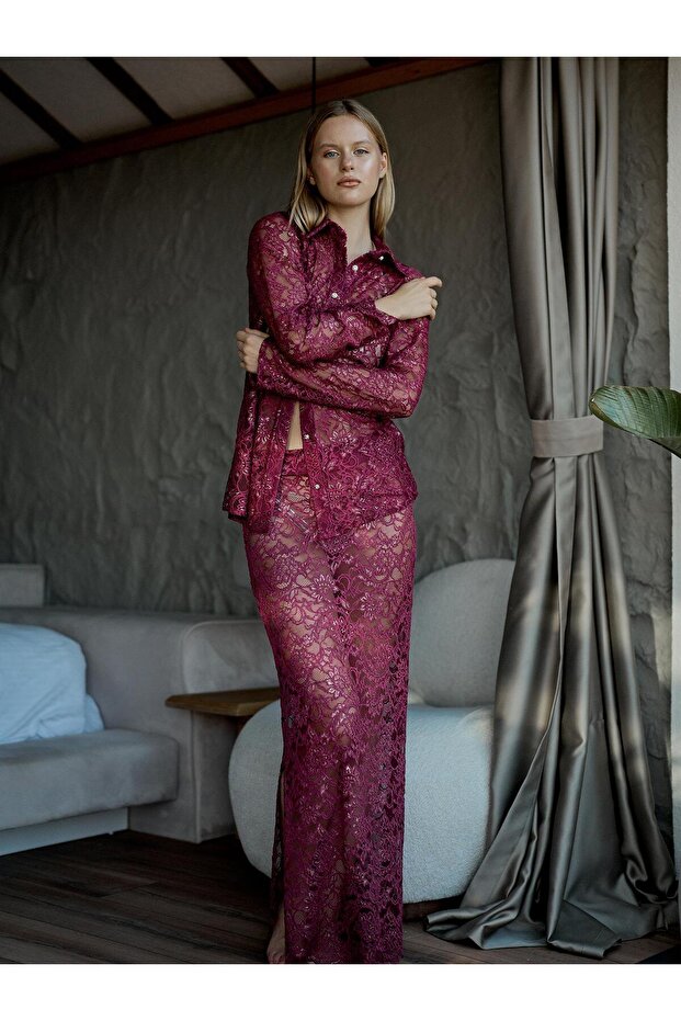 Varaklı Dantel Maxi Etek Mor - 1