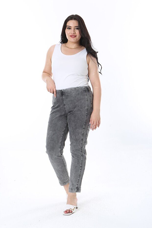 Women's Plus Size Smoked Wash Effect Elastic Waist Denim Leggings Trousers 65N38269