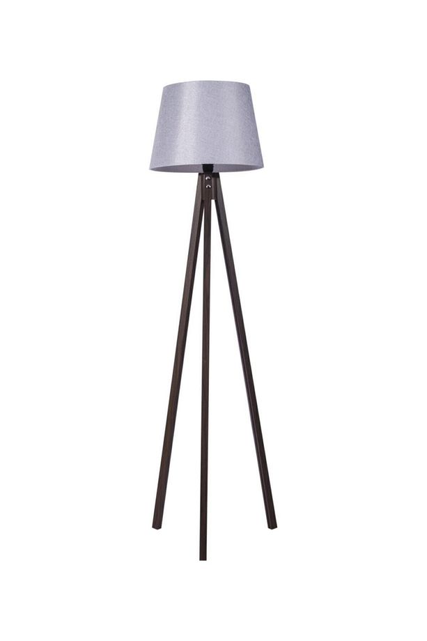Ahşap Lambader 3 Ayaklı Tripod Abajur Kumaş Lambader Gri Ceviz - 1