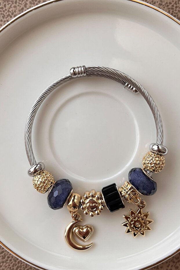 8025 Murano Navy Blue - Moon Star and Sun Dangle Steel Bracelet