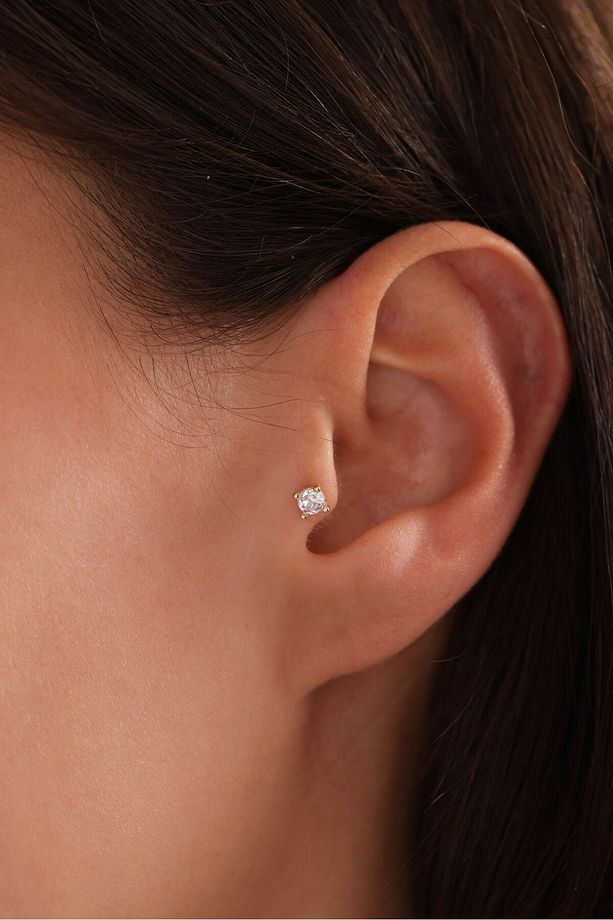 14 Ayar Altın Tek Taşlı Tragus Küpe - 1