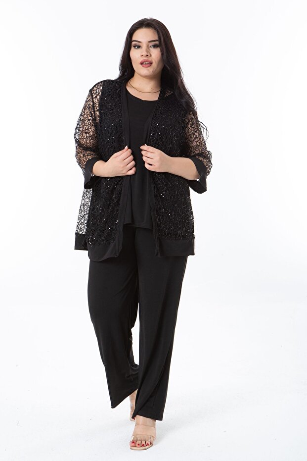 Women's Plus Size Black Sequined Lace Cardigan Sleeveless Blouse and Trousers 3 Piece Set 65N38220