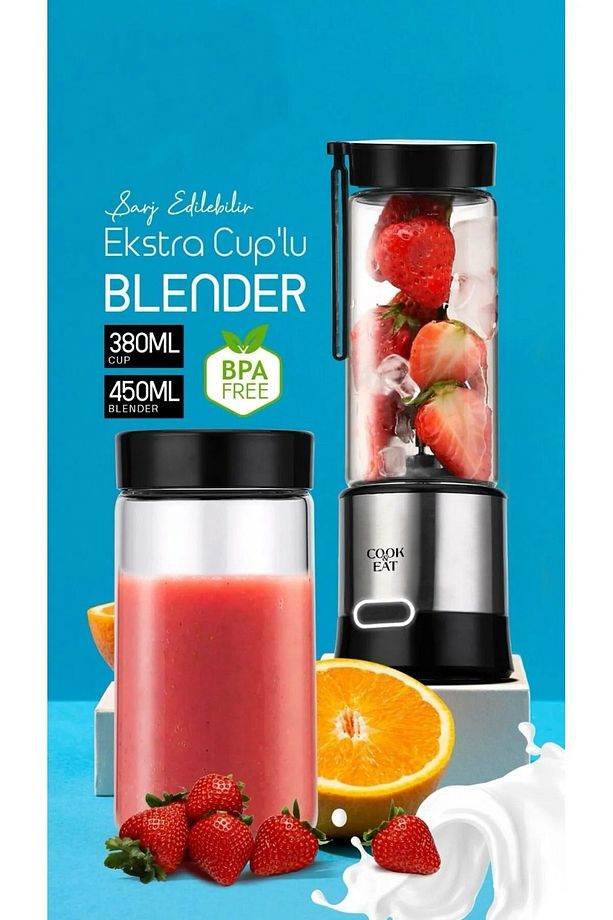 450 ml + 350 ml Bardaklı Şarj Edilebilir Blender Shake Smoothie Blender Keskin Bıçaklı Buz Kırıcı - 1