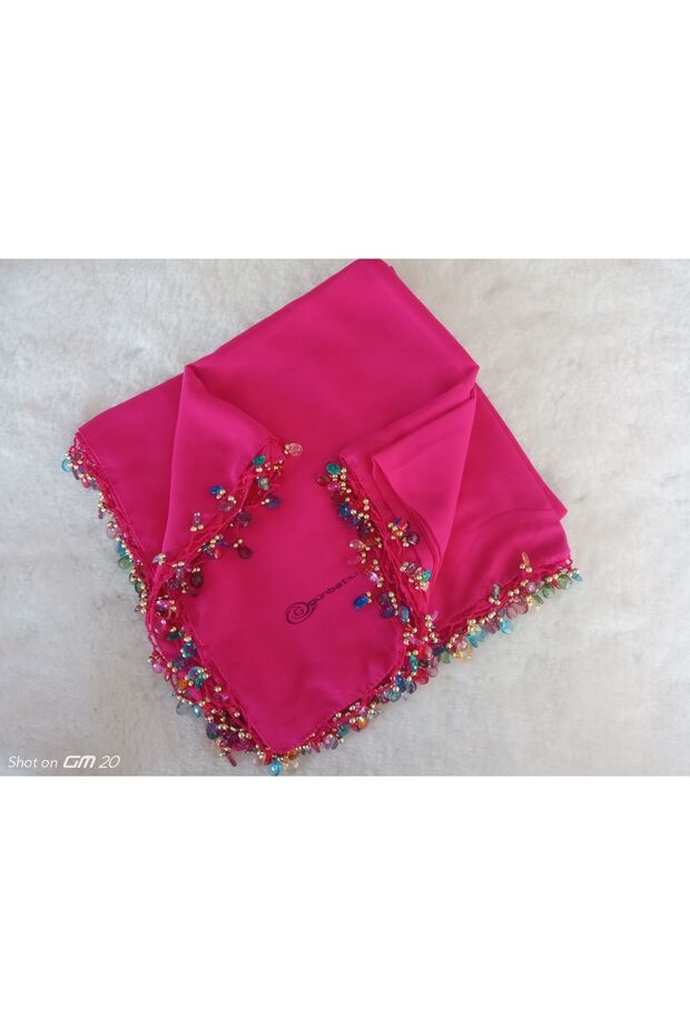 Fuchsia Handmade Crystal Drop Beaded Writing, Cheesecloth Yemeni, Scarf, 4 Edges Embroidered