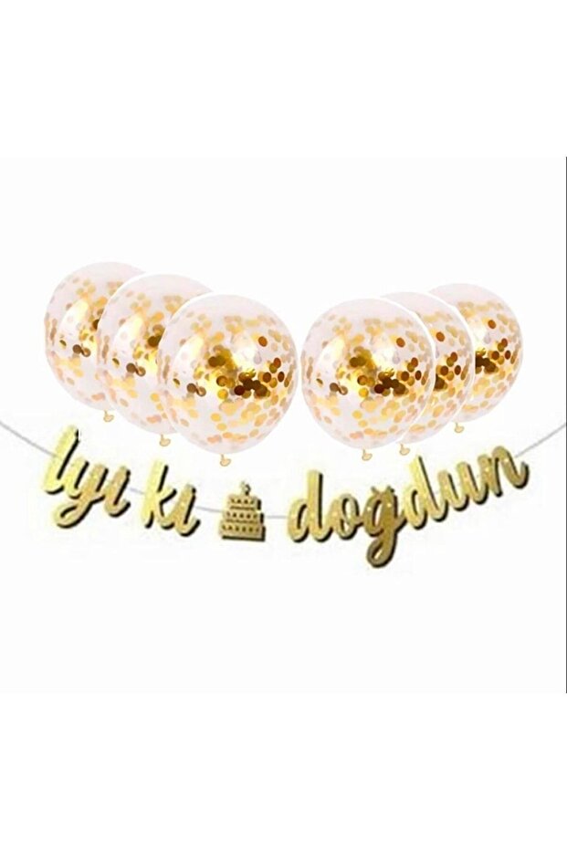 Happy Birthday Gold Banner Set with Balloons