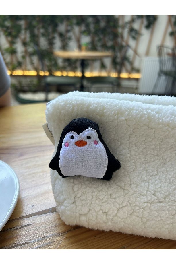 Sevimli Penguen Peluş Yıkanabilir Fermuarlı Kareli Astarlı Bez Kalemlik Kalem Kutusu Makyaj Çantası - 5