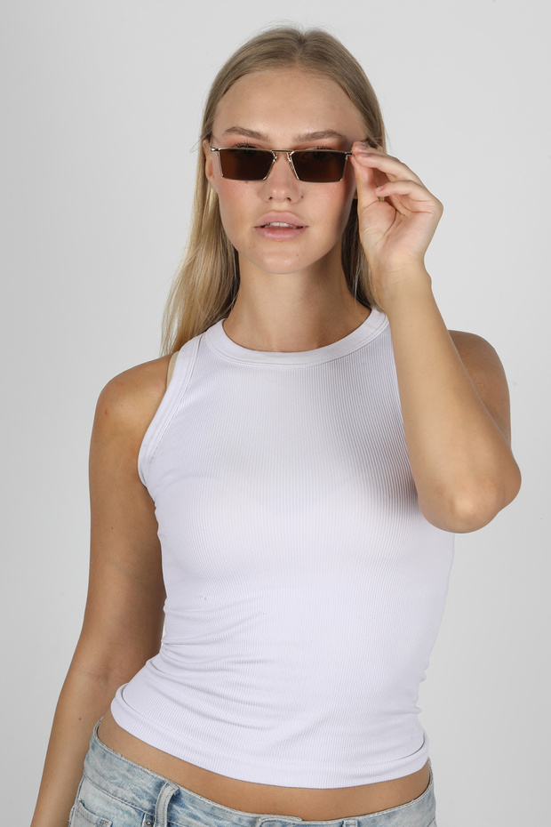 Rectangle Design Gold Frame Brown Glass Vintage Women's Sunglasses