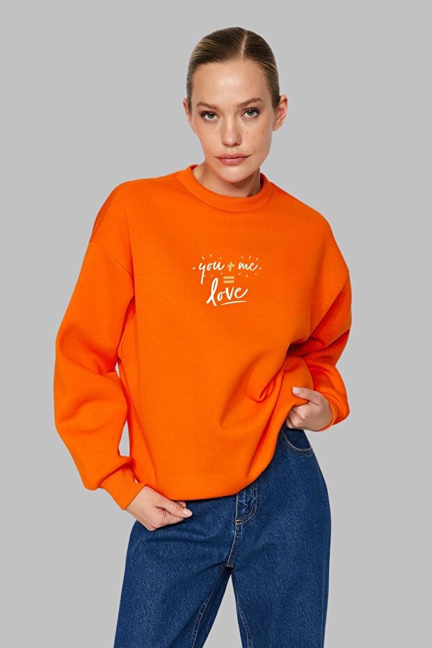 Unisex Oversize Long Sleeve You Me Love Printed Crew Neck Hoodless Sweatshirt