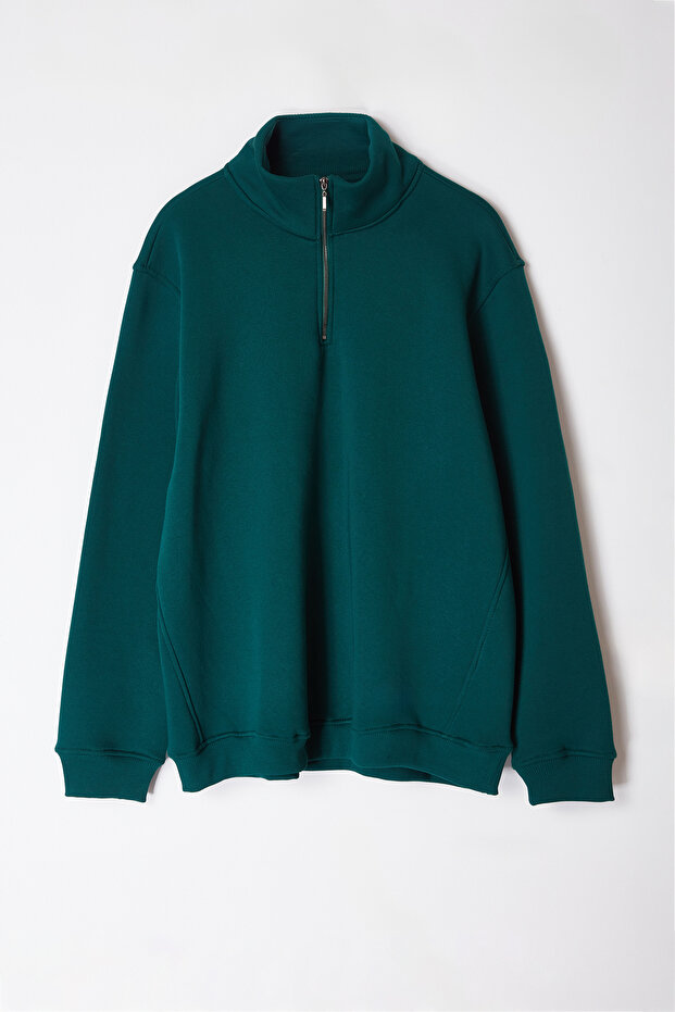 Yeşil Büyük Beden Oversize/Normal Kesim Dik Yaka Fermuarlı İçi Polarlı Sweatshirt TMNAW24AO00024 - 6